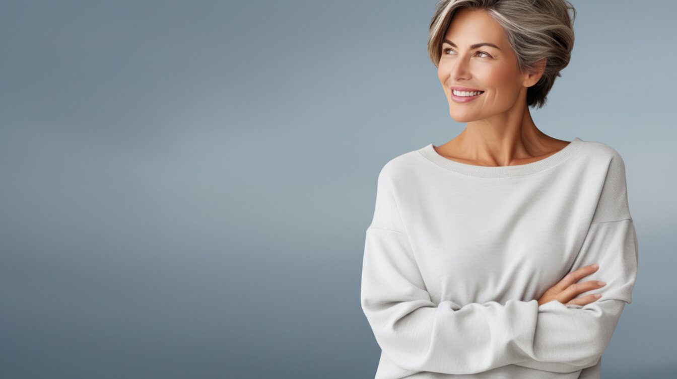 A woman in a white top, arms folded, smiling